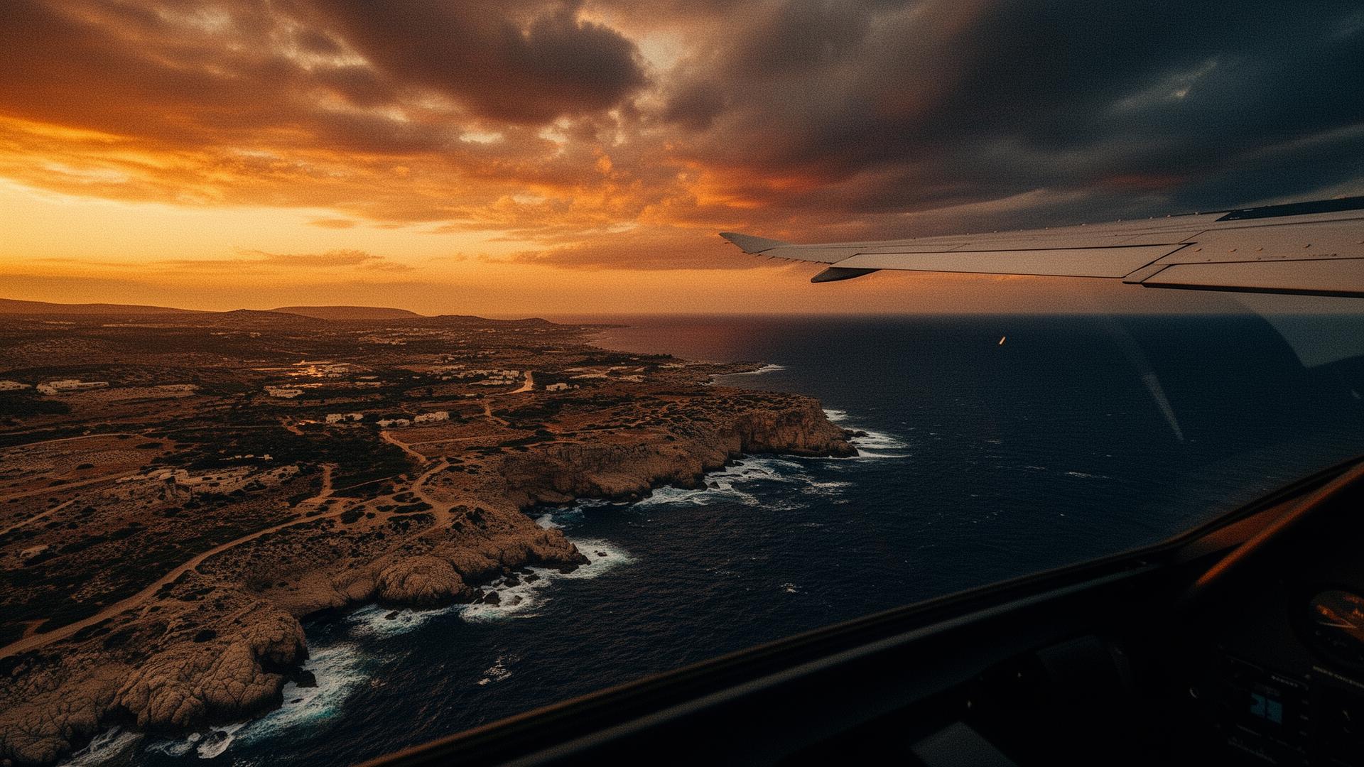 Sunset flight over the Cyprus coastline